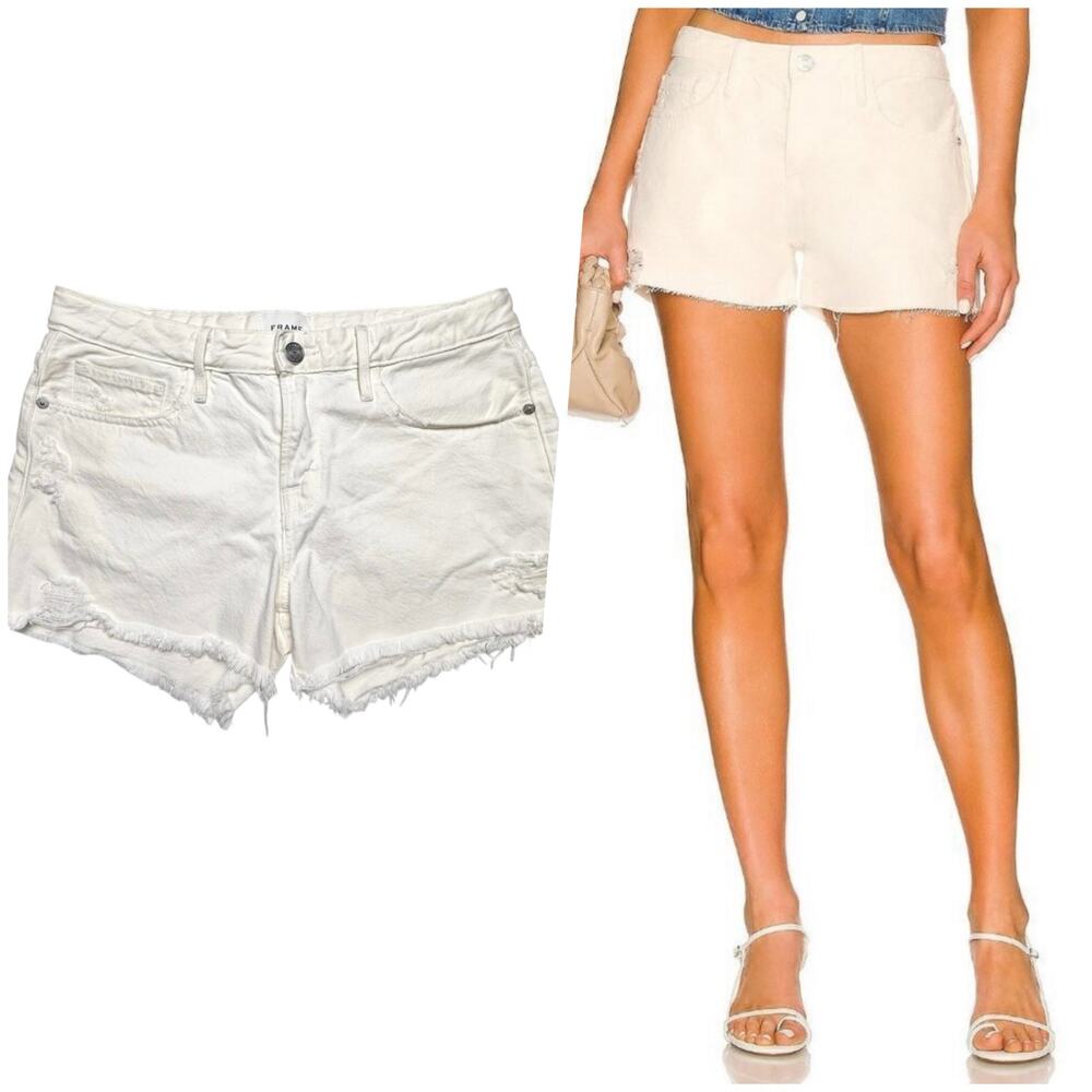 FRAME | Women | Le Grand Garcon Off White Distressed Denim Cut Off Shorts | 26